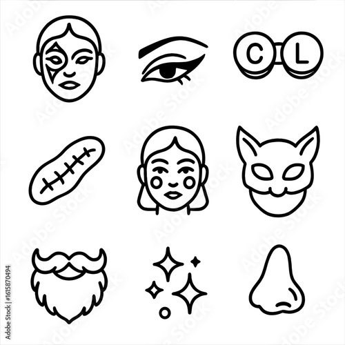 Makeup and Accessory Icons. Line style icons of makeup and face accessories: cosplay face paint, dramatic eyeliner, contact lens