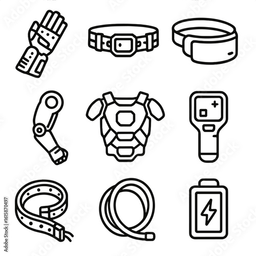 Sci-Fi Cosplay Icons. Line style icons of sci-fi cosplay gear: cyber gauntlet, tech belt, visor screen, robotic arm, LED strip