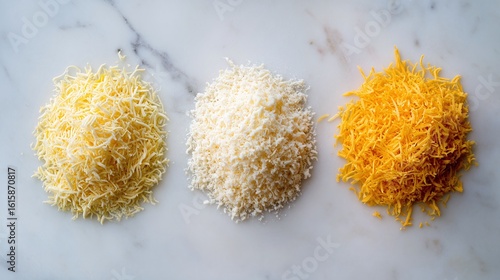 Grated Cheese Variety: Three piles of shredded cheese - light yellow, white, and orange - on a marble surface. Different options for cooking and flavor.