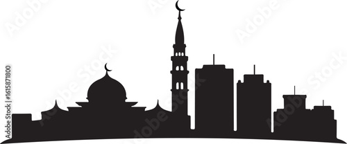 Silhouette vector of Kampala, includes Gaddafi Mosque, hilltop buildings, Ugandan capital skyline