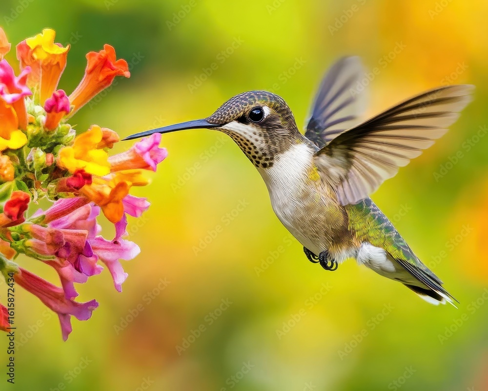 Fototapeta premium A hummingbird flying over a flower