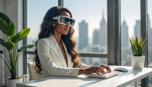 A businesswoman wearing AR glasses interacts with virtual interfaces in a modern office, demonstrating cutting-edge augmented reality technology in the workplace.