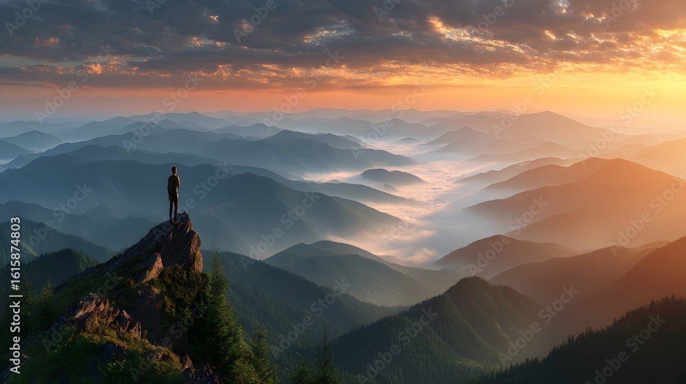 Fototapeta premium A lone figure stands on a mountain peak at sunrise, overlooking a vast valley of misty mountains.