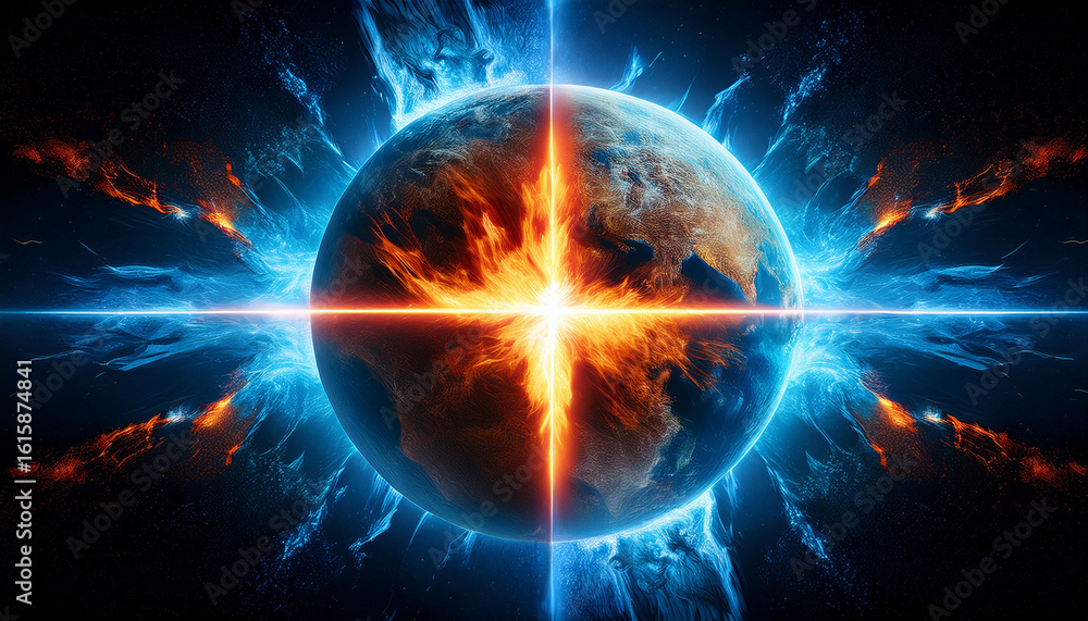 Obraz premium a planet is split by a fiery energy cross combining blue ice and orange fire in a cosmic explosive effect