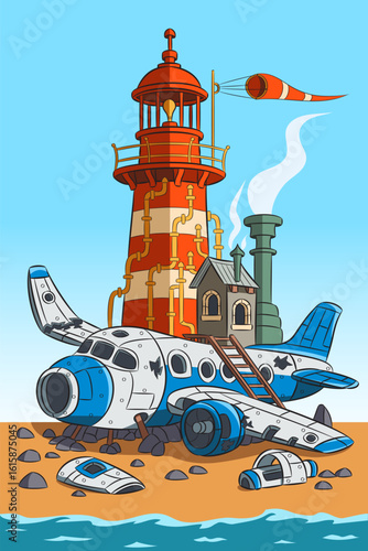 Vector illustration of steampunk lighthouse with plane wreckage on the shore