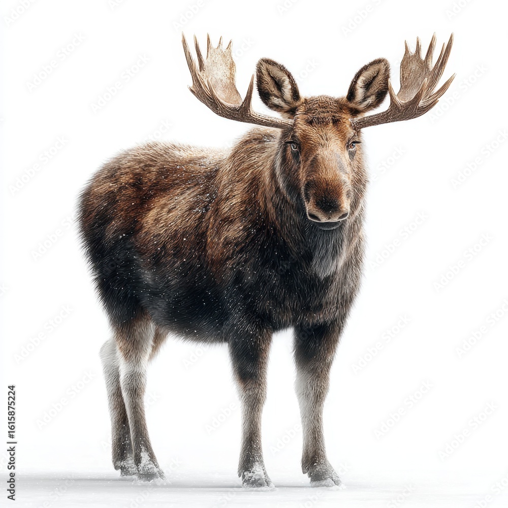 Fototapeta premium Standing Moose on White: Majestic Animal Portrait