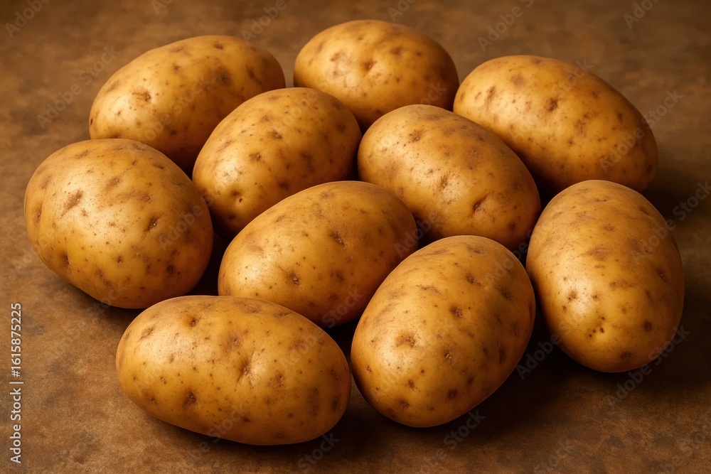 A bountiful collection of freshly harvested potatoes, their earthy tones contrasting with a rustic wooden surface A bountiful collection of freshly harvested potatoes, their earthy tones contrasting with a rustic wooden surface