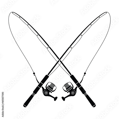 Two crossed fishing rods with reels on a white background