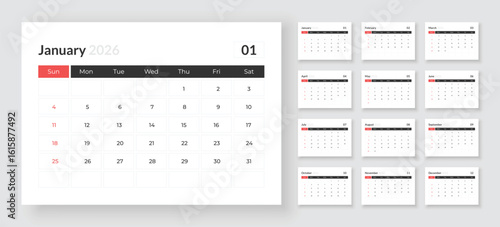 Monthly calendar layout for 2026 year. Diary planner for 2026 year. Vector layout of a wall or desk calendar with week start Sunday for print.