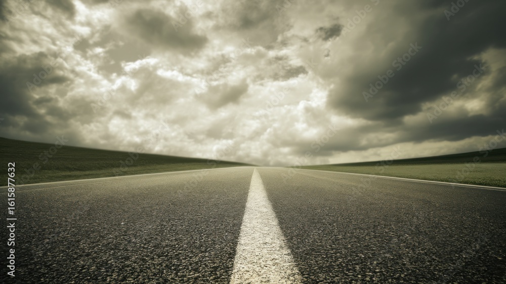 Naklejka premium An expansive view of an empty two-lane asphalt road stretching into the distance,