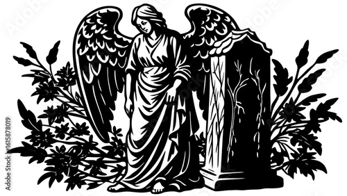 Illustration of a winged angel figure standing next to a tombstone surrounded by flowers created with generated ai