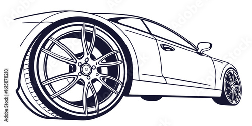 Black and white vintage automobile with isolated shiny chrome wheels and classic rubber tires, ready for luxury transport and sport
