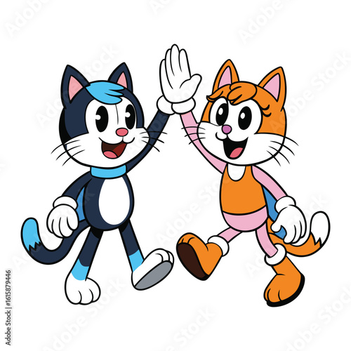 Adorable Cartoon Cats High Five Friendship Fun Illustration on White Background