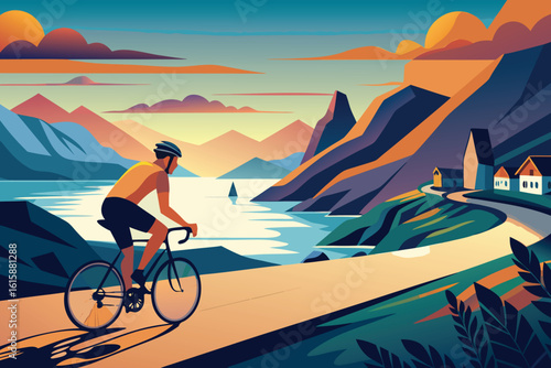 Cyclist riding along scenic coastal road at sunset with mountains and lake
