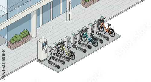 Shared scooters and bicycles at a docking station