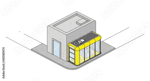 Modern building with yellow kiosk extension