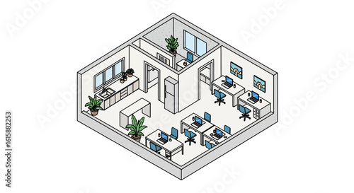 office workspace interior with desks and plants