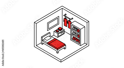 Small bedroom interior with furniture and clothing