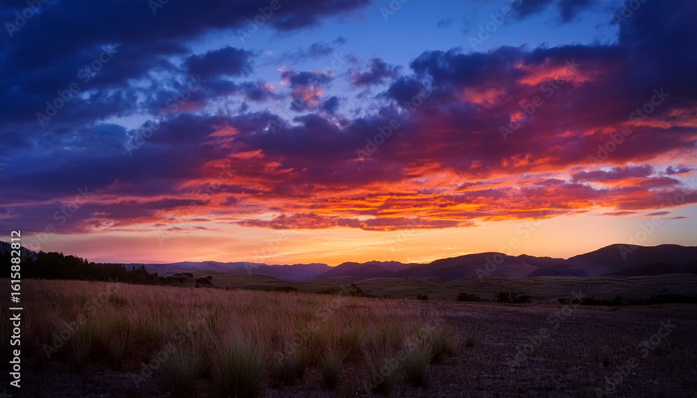 Obraz premium vibrant sunset illuminating colorful clouds over a serene landscape during twilight hours