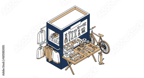 bicycle repair shop with tools and clothing
