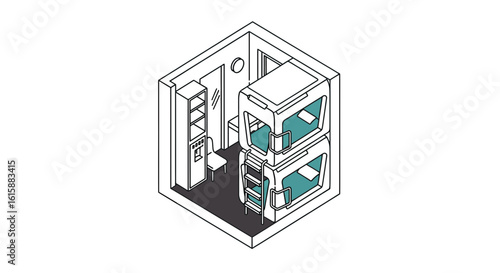 small cabin interior with bunk beds and kitchen