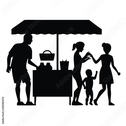 A silhouette scene of family shopping at beachside stalls. Good for retail or event visuals.