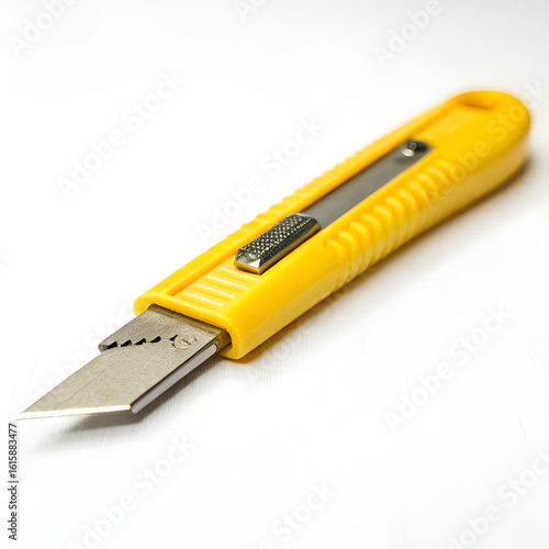 Bright yellow stationery knife, sharp and durable, isolated on white background.