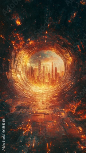 Cityscape Seen Through an Abstract Fiery Portal Illustration