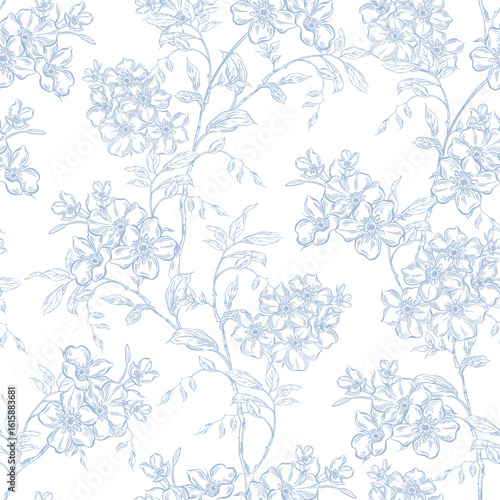 Vintage Toile de Jouy Pattern with Blue Roses and Swallows. Seamless floral and bird illustration