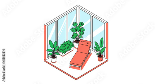 Indoor sunroom with plants and lounge chair
