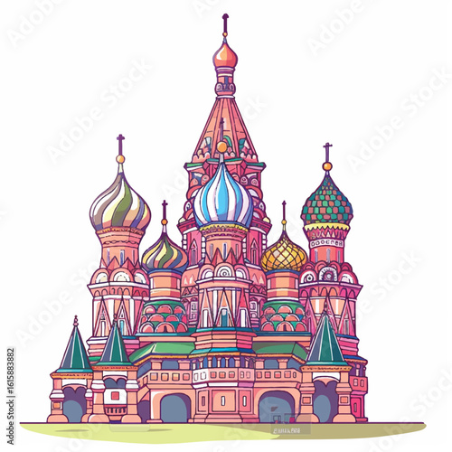 Colorful Saint Basils Cathedral Illustration with Intricate Details and Unique Dome Designs
