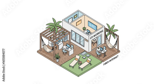 Tropical coworking space with outdoor relaxation area
