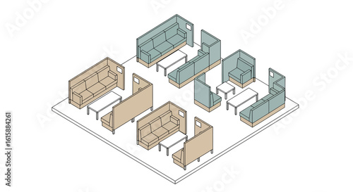 Office booths with sofas and small tables