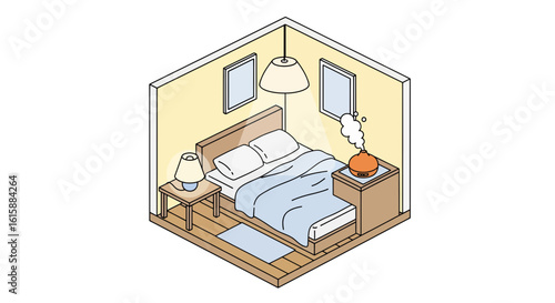 Cozy bedroom interior with diffuser and bedside lamps