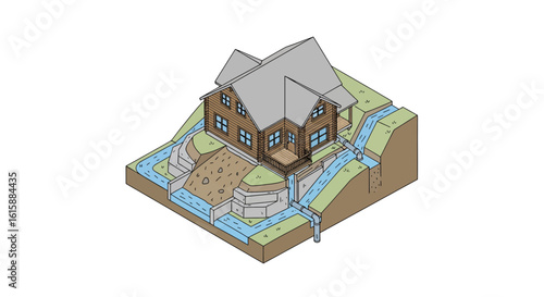 House drainage system and groundwater flow diagram