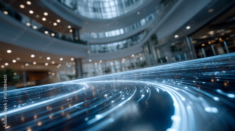 Fototapeta premium Digital Flow in Modern Architecture: Futuristic streaks of light cascade across a modern building's sleek surfaces.