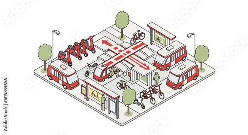 City transport hub with scooters and buses