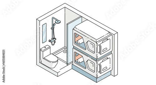 Bathroom layout with shower and laundry appliances