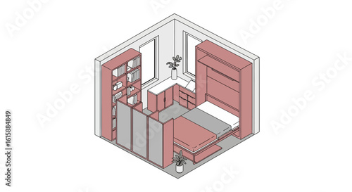 Small bedroom interior with furniture and plants