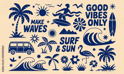 A tropical beach and surf-themed vector illustration set created in a bold and vibrant graphic style. This collection is packed with summery, ocean-inspired elements, perfect for fun and eye-catching 