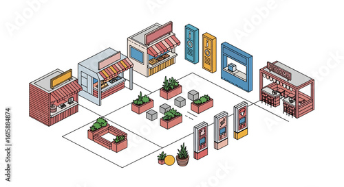 Isometric food stalls and urban street scene
