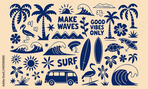 A tropical beach and surf-themed vector illustration set created in a bold and vibrant graphic style. This collection is packed with summery, ocean-inspired elements, perfect for fun and eye-catching 