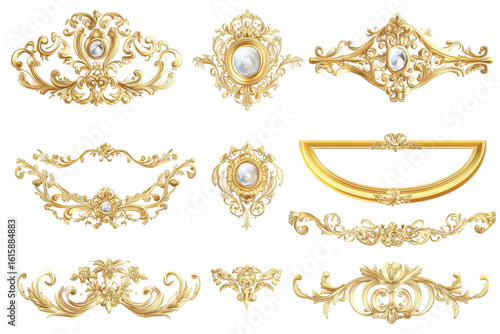 Collection of ornate gold decorative elements isolated on transparent background. Multiple golden ornate frames in different styles on a white background.