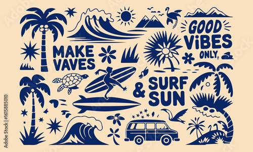 A tropical beach and surf-themed vector illustration set created in a bold and vibrant graphic style. This collection is packed with summery, ocean-inspired elements, perfect for fun and eye-catching 