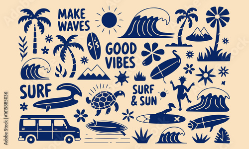 A tropical beach and surf-themed vector illustration set created in a bold and vibrant graphic style. This collection is packed with summery, ocean-inspired elements, perfect for fun and eye-catching 