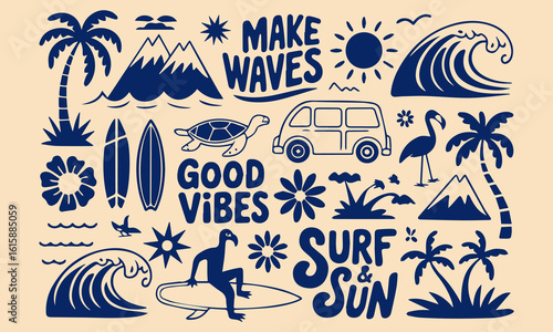 A tropical beach and surf-themed vector illustration set created in a bold and vibrant graphic style. This collection is packed with summery, ocean-inspired elements, perfect for fun and eye-catching 
