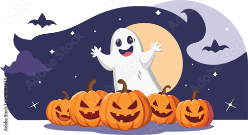 A spooky Halloween night with cartoon pumpkins, bats, and a dark, scary tree silhouette under the moon