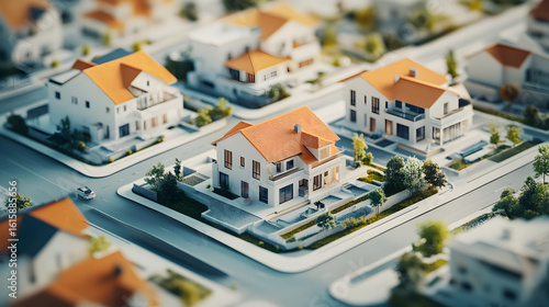 Fototapeta Naklejka Na Ścianę i Meble -  Overhead View of a Miniature Suburban Neighborhood with Houses and Streets