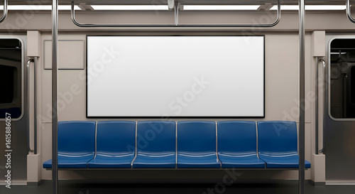 Empty Modern Subway Car Interior with Blank Advertisement Display
