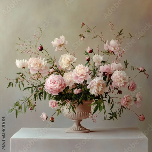 Still life of a bouquet of pink flowers in a vase